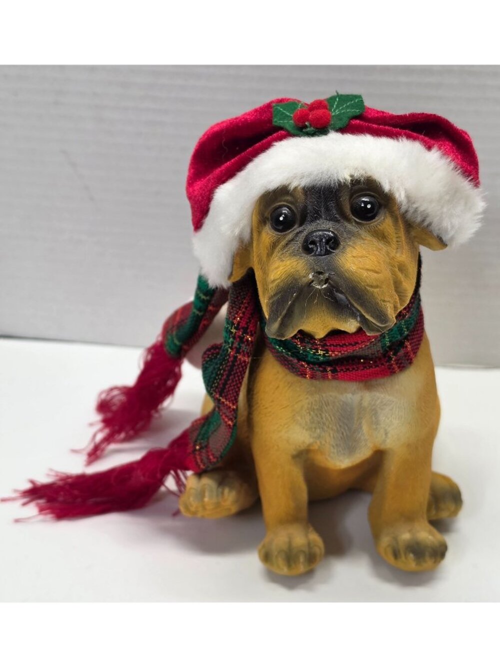Christmas Boxer Puppy Dog Figurine Santa Hat Scarf Resin Holiday Decor 8"